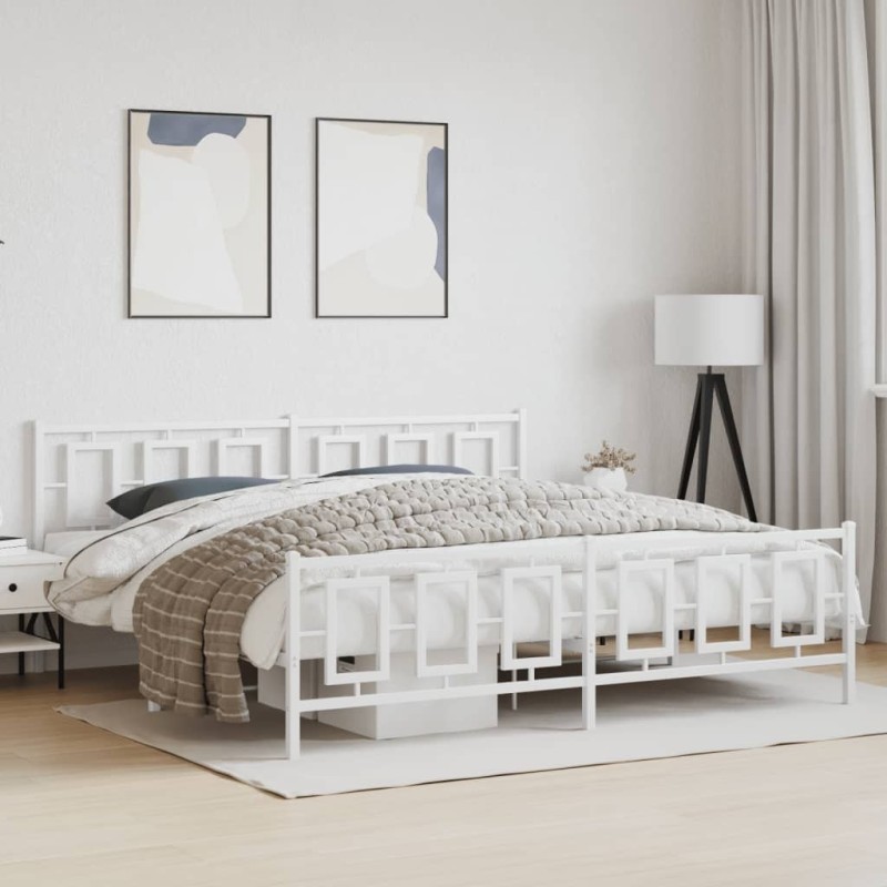 Cadre de lit métal sans matelas et pied de lit blanc 193x203 cm 