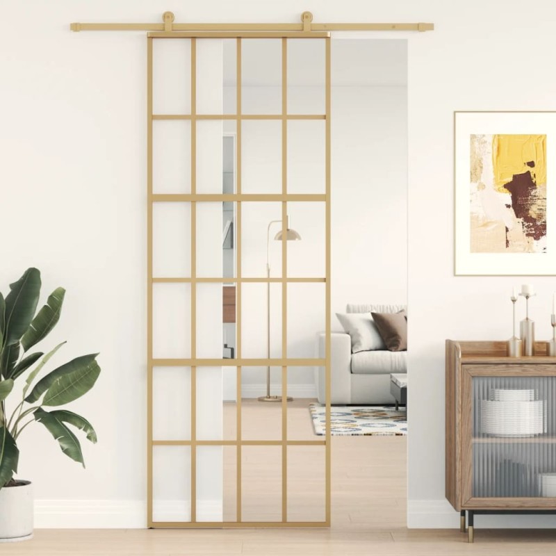 Porte coulissante doré 76x205 cm verre ESG clair et aluminium 