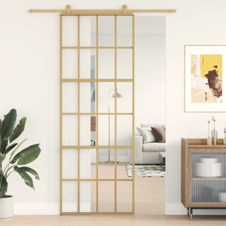 Porte coulissante doré 76x205 cm verre ESG clair et aluminium 