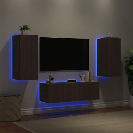 Meuble TV muraux 3 pcs avec lumières LED chêne marron 