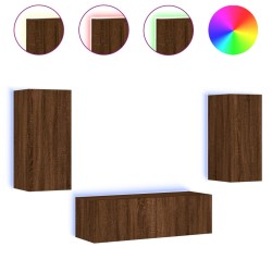 Meuble TV muraux 3 pcs avec lumières LED chêne marron 