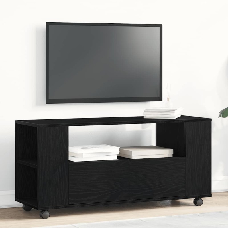 Meuble TV avec roulettes chêne noir bois d'ingénierie 