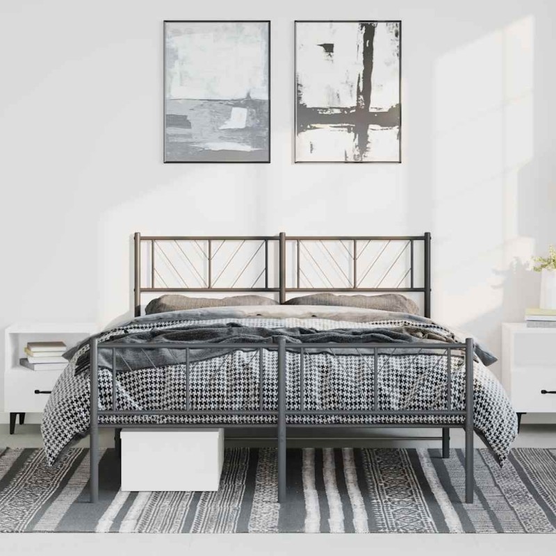 Cadre de lit métal sans matelas avec pied de lit noir 135x190cm 