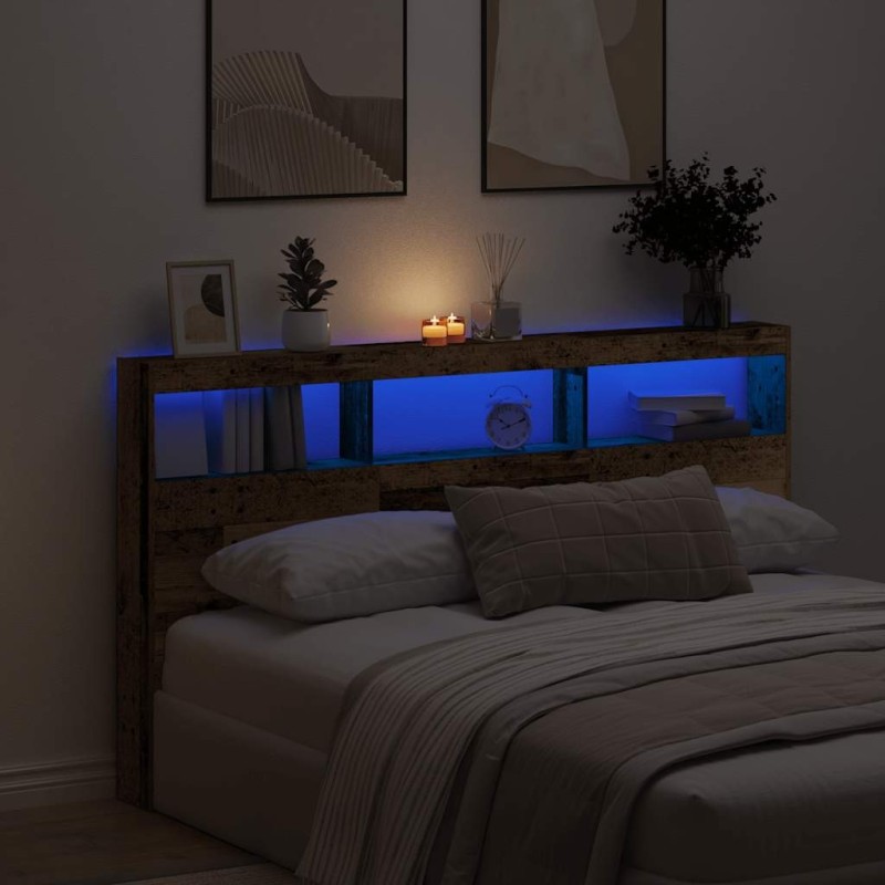 Armoire tête de lit avec LED vieux bois 180x17x102 cm 