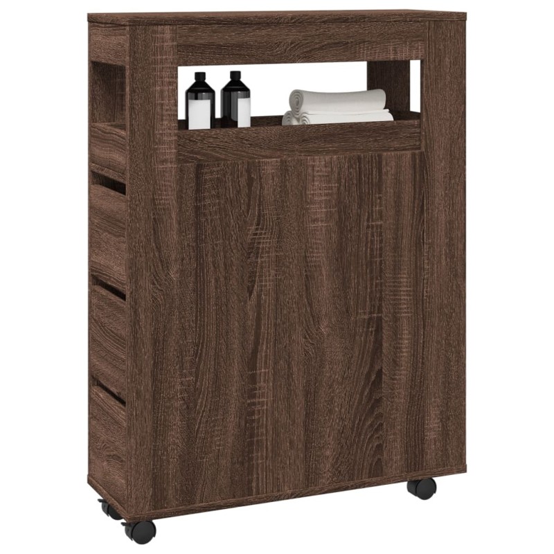 Meuble étroit de salle de bain à roulettes chêne marron 
