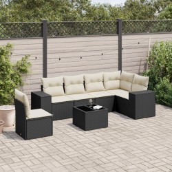Salon de jardin 7 pcs avec coussins noir résine tressée 