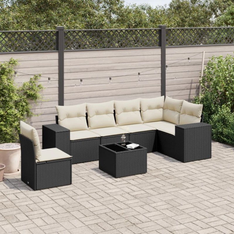 Salon de jardin 7 pcs avec coussins noir résine tressée 