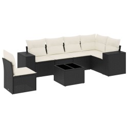 Salon de jardin 7 pcs avec coussins noir résine tressée 