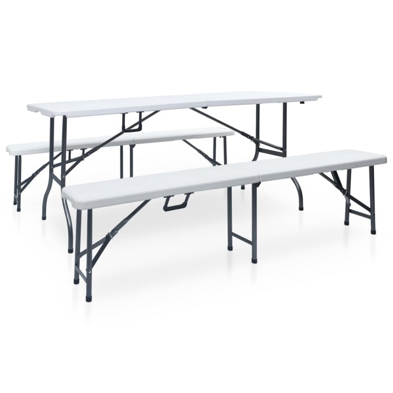 Table pliable de jardin avec 2 bancs 180 cm Acier et PEHD Blanc 
