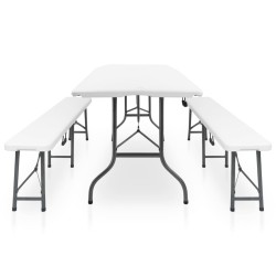 Table pliable de jardin avec 2 bancs 180 cm Acier et PEHD Blanc 