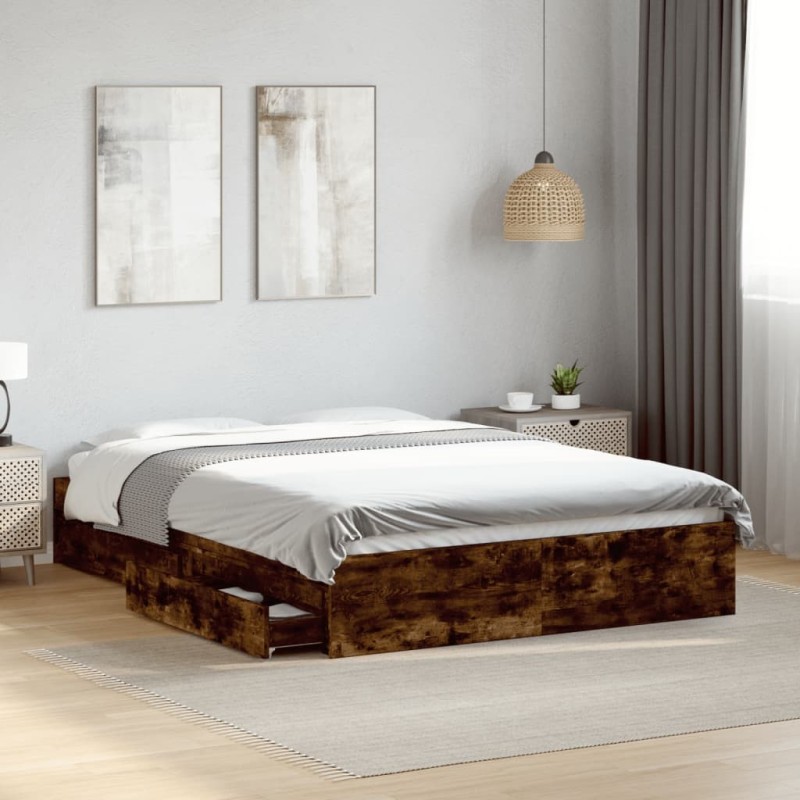 Cadre de lit avec tiroirs sans matelas chêne fumé 140x190 cm 