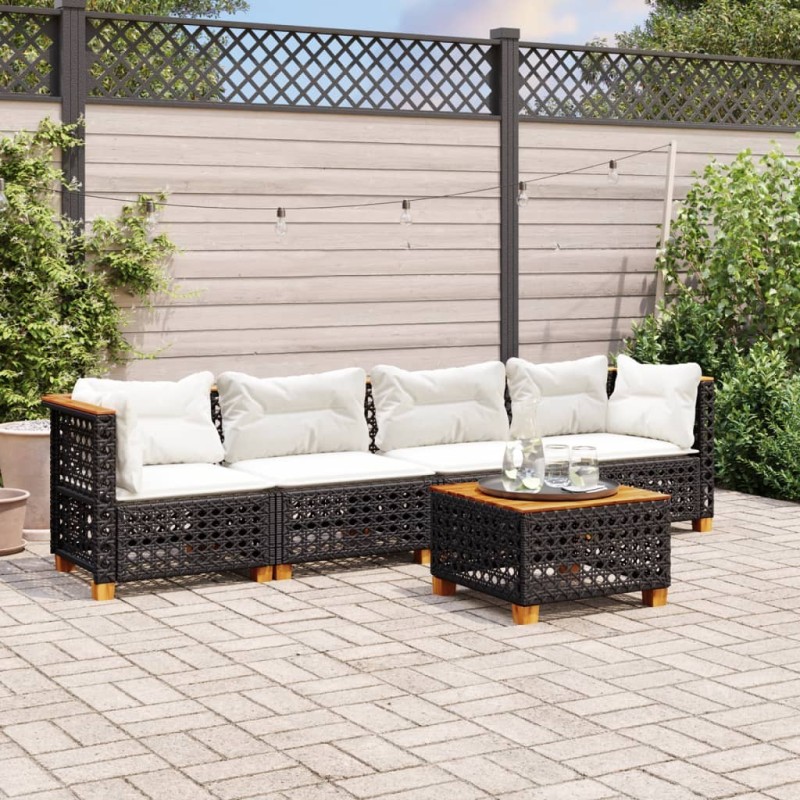 Salon de jardin 5 pcs avec coussins noir résine tressée 