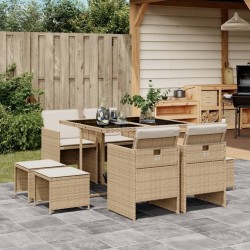 Ensemble à manger de jardin et coussins 9 pcs beige Poly rotin 