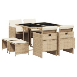 Ensemble à manger de jardin et coussins 9 pcs beige Poly rotin 
