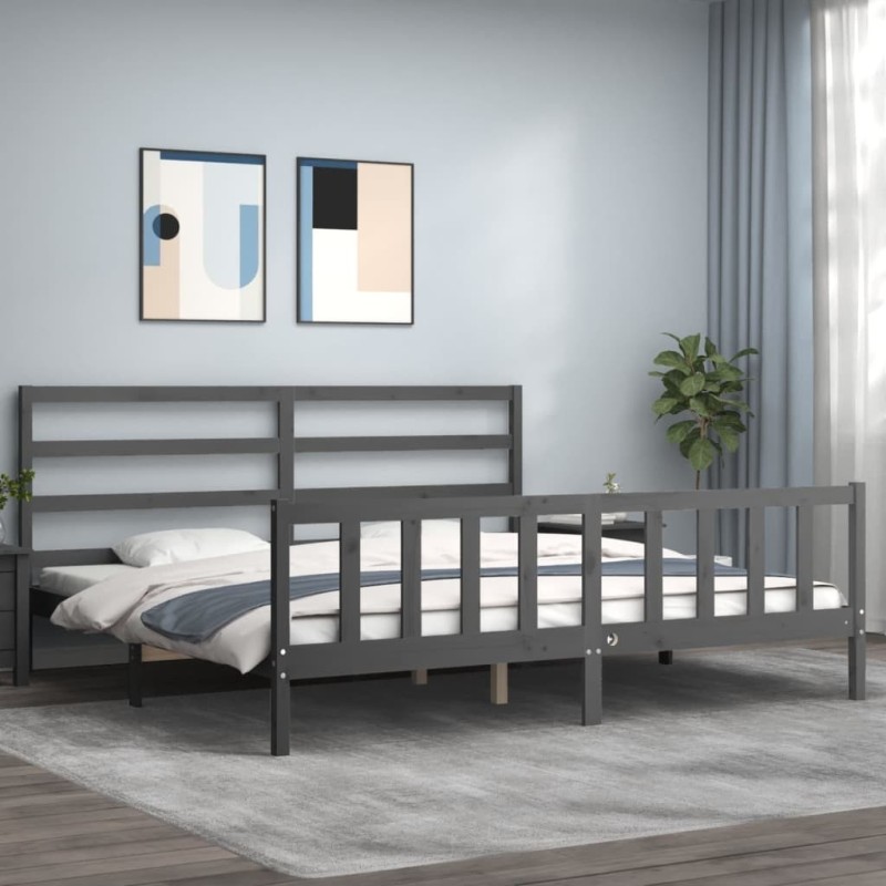 Cadre de lit avec tête de lit gris 180x200 cm bois massif 