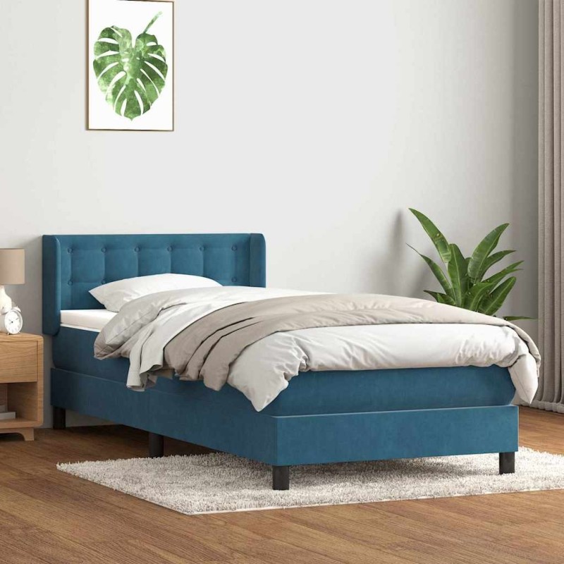Sommier à lattes de lit et matelas bleu foncé 100x210cm velours 