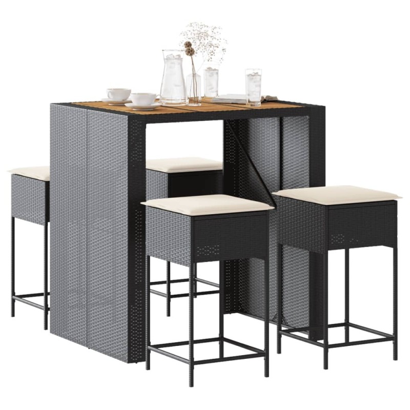 Ensemble de bar de jardin 5 pcs avec coussins noir poly rotin 