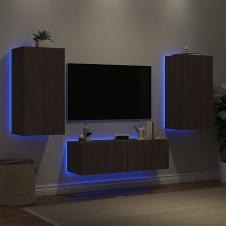 Meuble TV muraux 3 pcs avec lumières LED chêne marron 