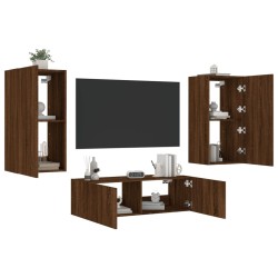 Meuble TV muraux 3 pcs avec lumières LED chêne marron 