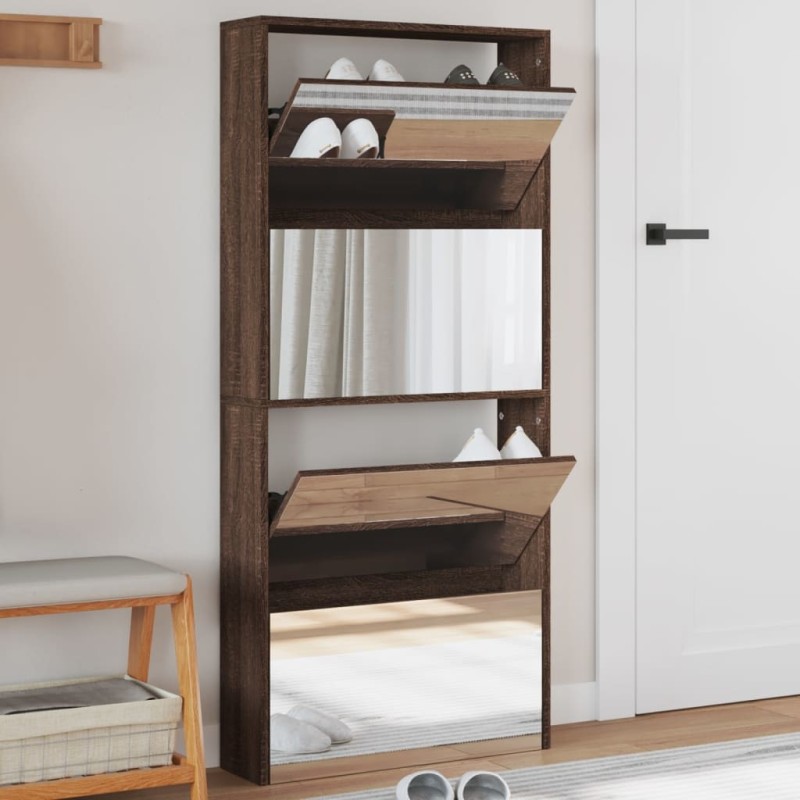 Armoire à chaussures miroir 4 niveaux chêne marron 63x17x134 cm Armoire à chaussures miroir 4 niveaux chêne marron 63x17x134 cm
