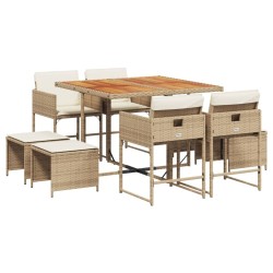Ensemble à manger de jardin et coussins 9 pcs beige Poly rotin 