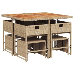 Ensemble à manger de jardin et coussins 9 pcs beige Poly rotin 