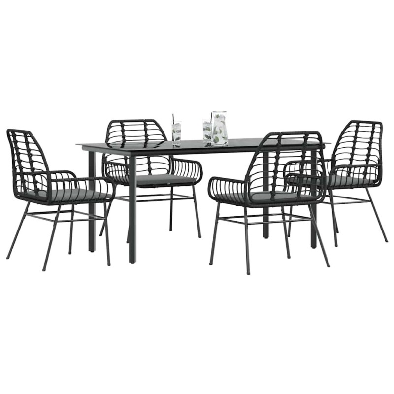 Ensemble à manger de jardin et coussins 5 pcs noir rotin verre 