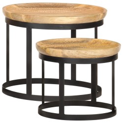 Tables d'appoint rondes 2 pcs Bois de manguier solide et acier 