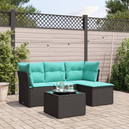 Salon de jardin 5 pcs avec coussins noir résine tressée 