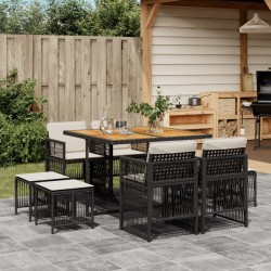 Ensemble à manger de jardin 9pcs coussins noir résine tressée 