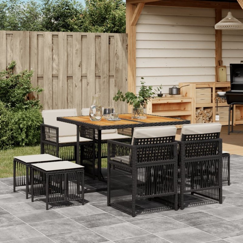 Ensemble à manger de jardin 9pcs coussins noir résine tressée 