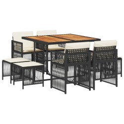 Ensemble à manger de jardin 9pcs coussins noir résine tressée 