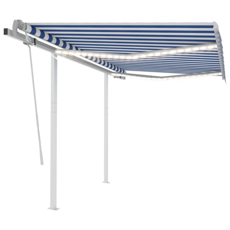 Auvent manuel rétractable avec LED 3x2,5 m Bleu et blanc 