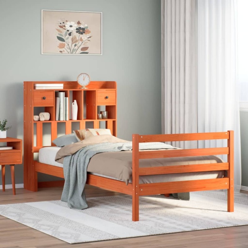 Lit bibliothèque sans matelas cire marron 90x190 cm pin massif 