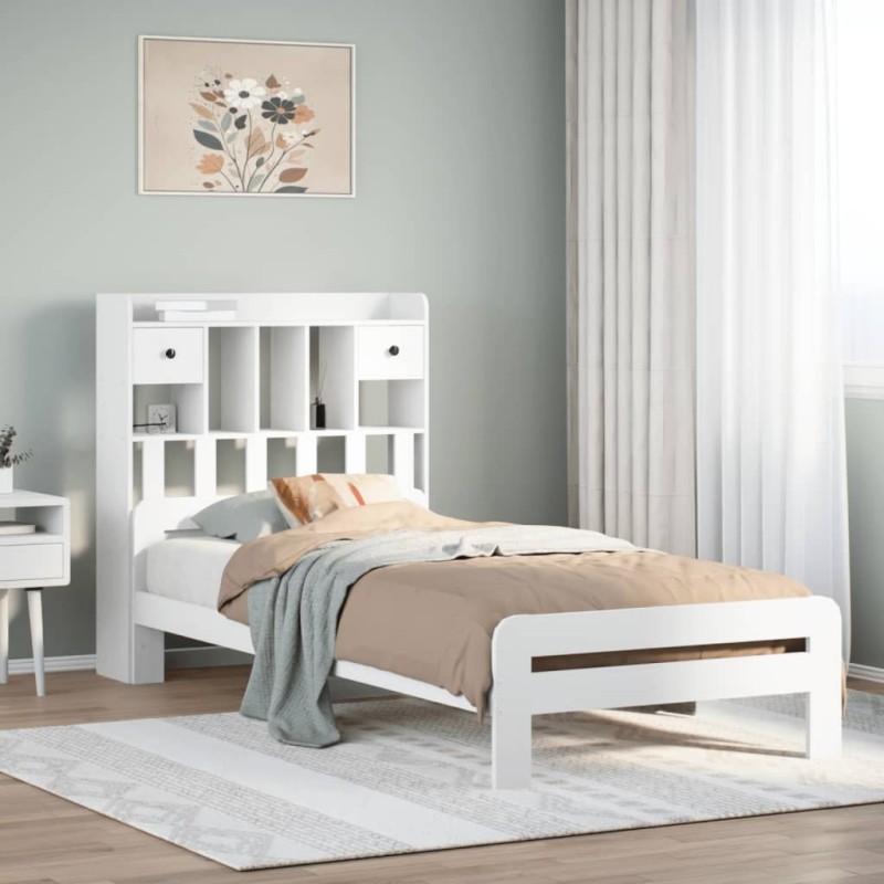 Lit bibliothèque sans matelas blanc 100x200 cm bois pin massif 