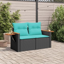 Canapé de jardin avec coussins 2 places en résine tressée noire 