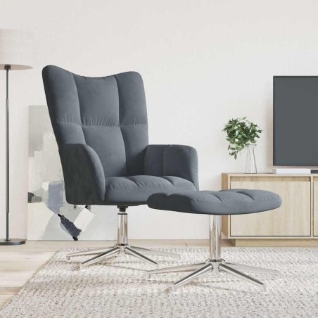 Chaise de relaxation avec tabouret Gris foncé Velours 