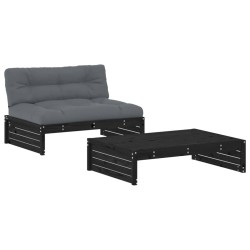 Salon de jardin 2 pcs avec coussins noir bois massif 