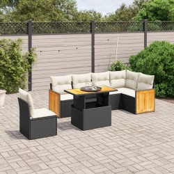 Salon de jardin 7 pcs avec coussins noir résine tressée 