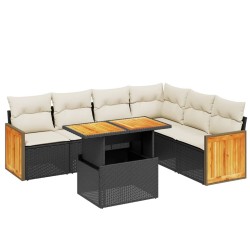 Salon de jardin 7 pcs avec coussins noir résine tressée 