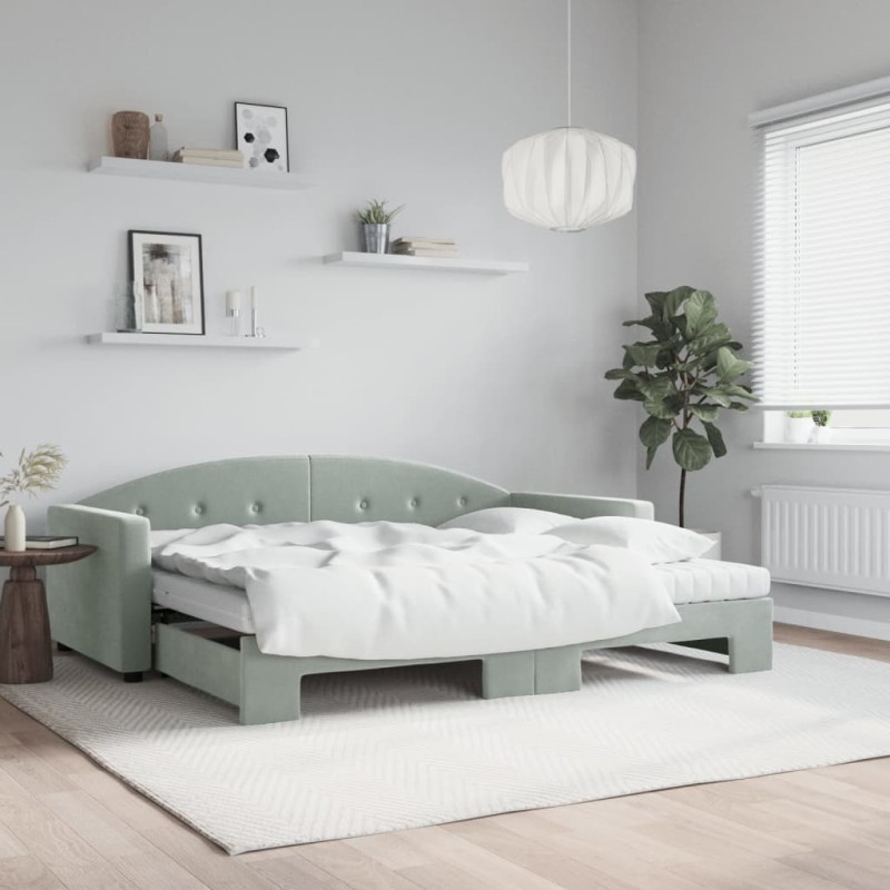 Lit de jour avec gigogne et matelas gris clair 90x200cm velours 