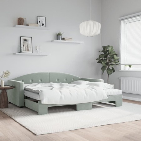 Lit de jour avec gigogne et matelas gris clair 90x200cm velours 