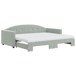 Lit de jour avec gigogne et matelas gris clair 90x200cm velours 