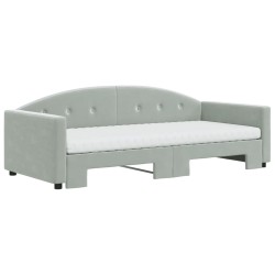 Lit de jour avec gigogne et matelas gris clair 90x200cm velours 