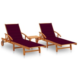 Chaises longues lot de 2 avec table et coussins Acacia solide 
