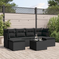 Salon de jardin 7 pcs avec coussins noir résine tressée 