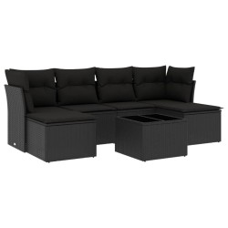Salon de jardin 7 pcs avec coussins noir résine tressée 