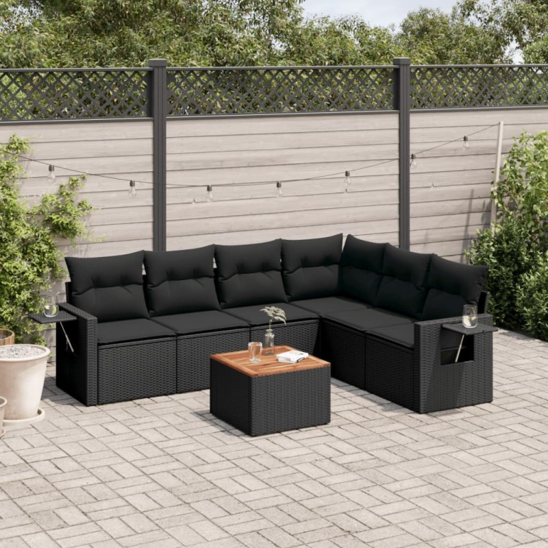 Salon de jardin 7 pcs avec coussins noir résine tressée 
