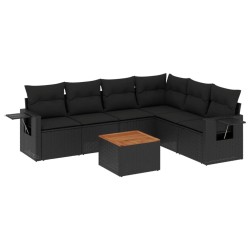 Salon de jardin 7 pcs avec coussins noir résine tressée 