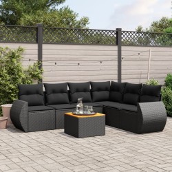 Salon de jardin 7 pcs avec coussins noir résine tressée 